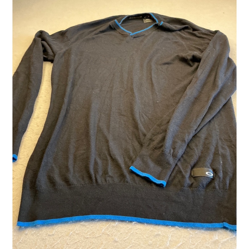 Oakley Pullover Sweater Blue Trim‎ V-Neck Tailored Fit Large Black Mens 433835